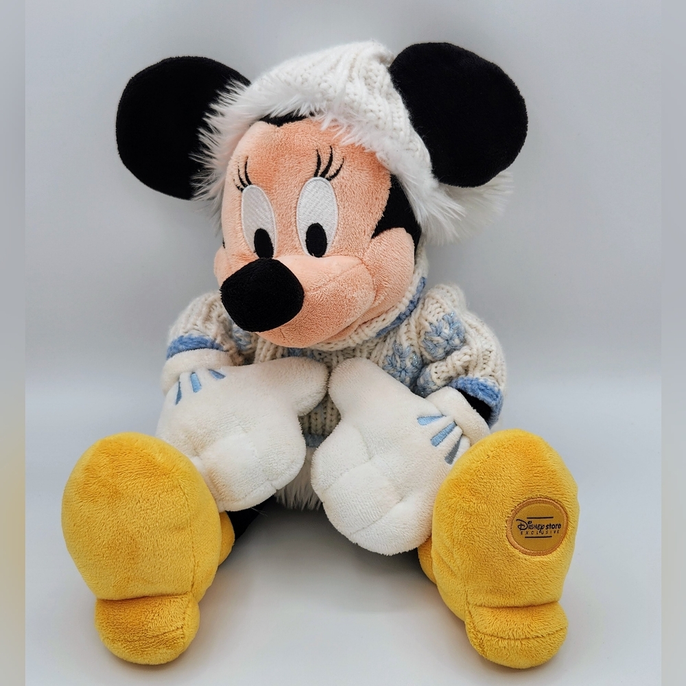 Minnie Mouse Disney Store Exclusive 16" Plush. Holiday/Winter Sweater White Blue